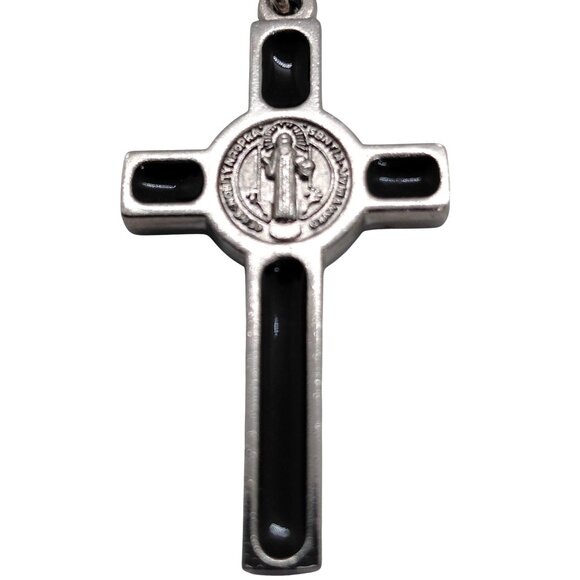 Black enameled Catholic St Benedict cross on cord - Picture 1 of 5